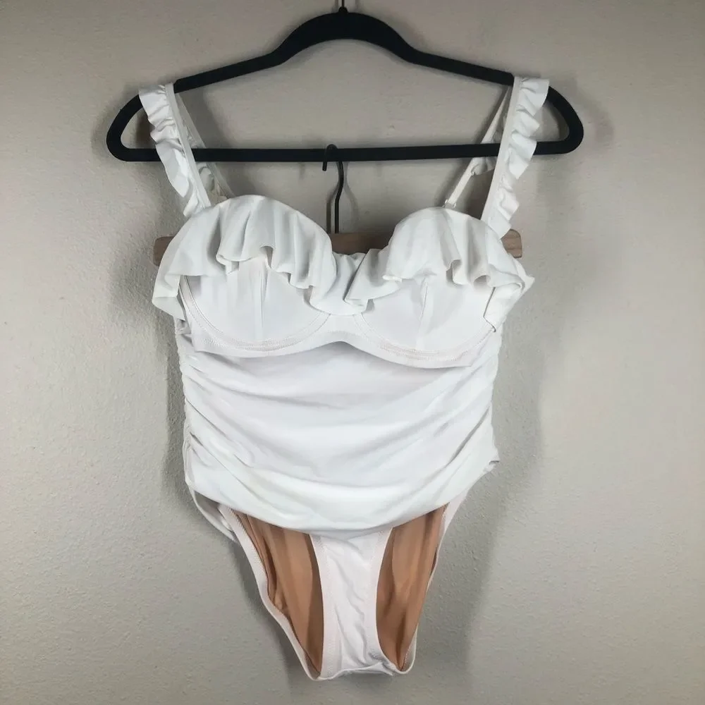 J. Crew White Ruffle Underwire Top 32D High Waist Ruched Bikini Bottom Small NWT